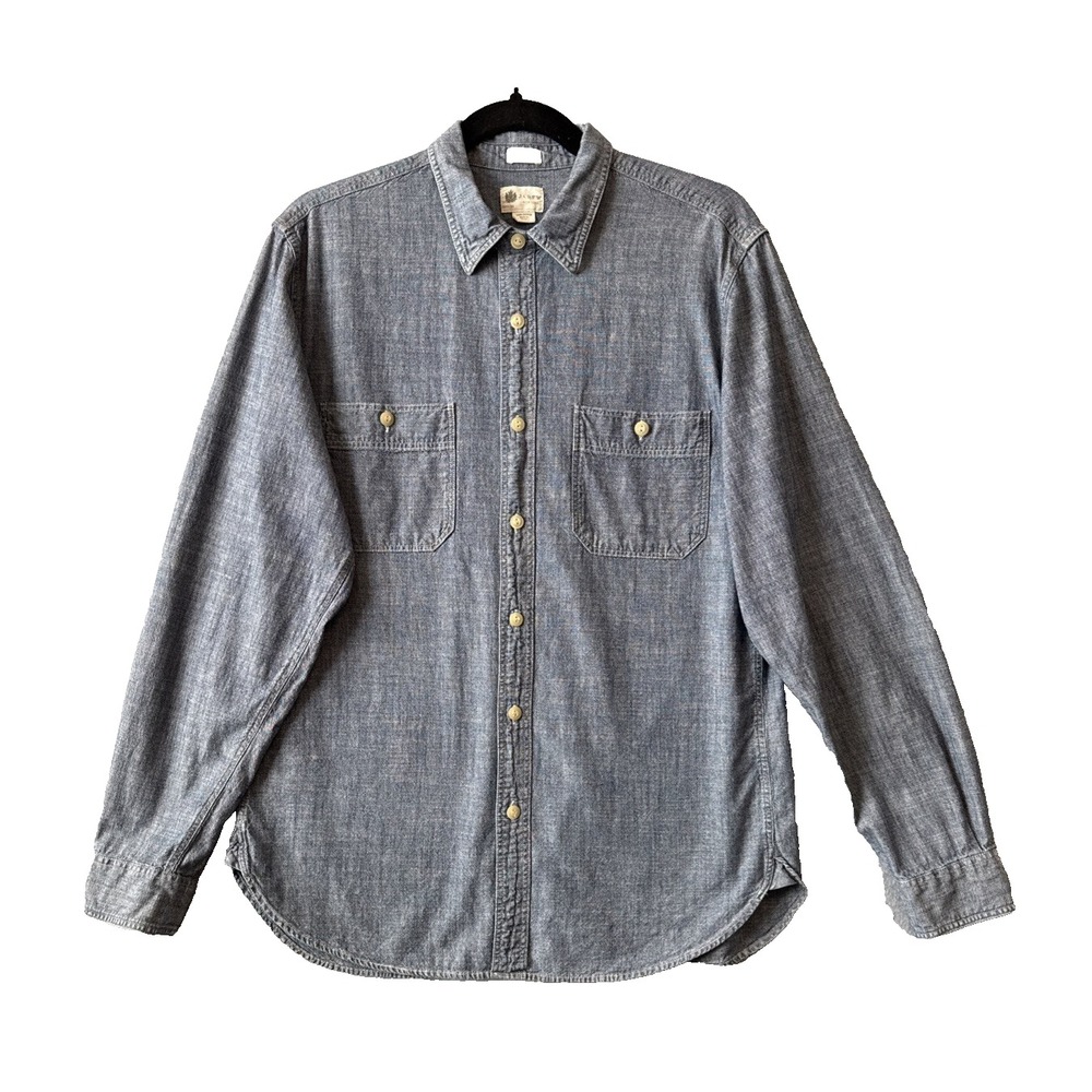 J. Crew Mens Chambray Button Up Shirt Tailored Fit Utility Workwear M Cotton